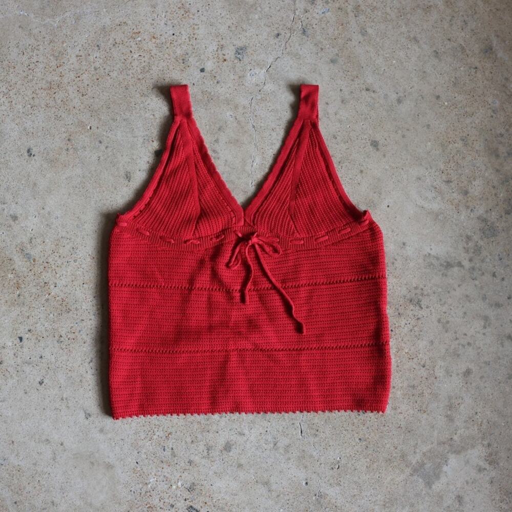Y2K Red Crochet Knit Tie Front Cami Tank Top S/M